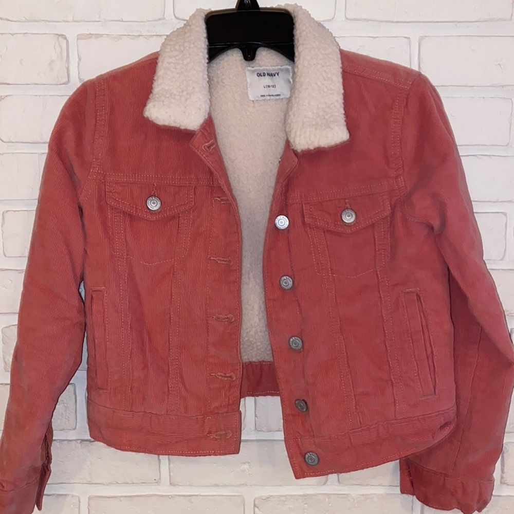 Corduroy jacket with fleece lining. Pink/mauve in color